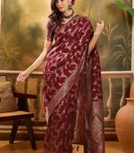 Maroon silk blend woven saree with zari work