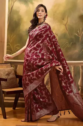 Maroon silk blend woven saree with zari work
