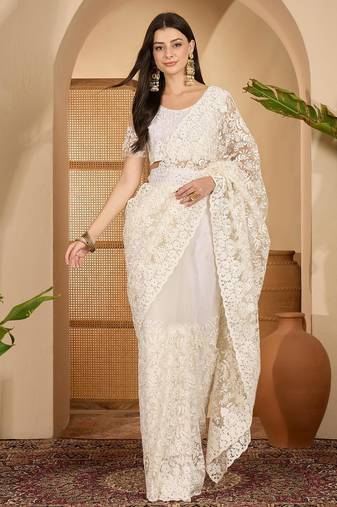 White net embroidered saree with thread work