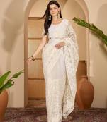 White net embroidered saree with thread work
