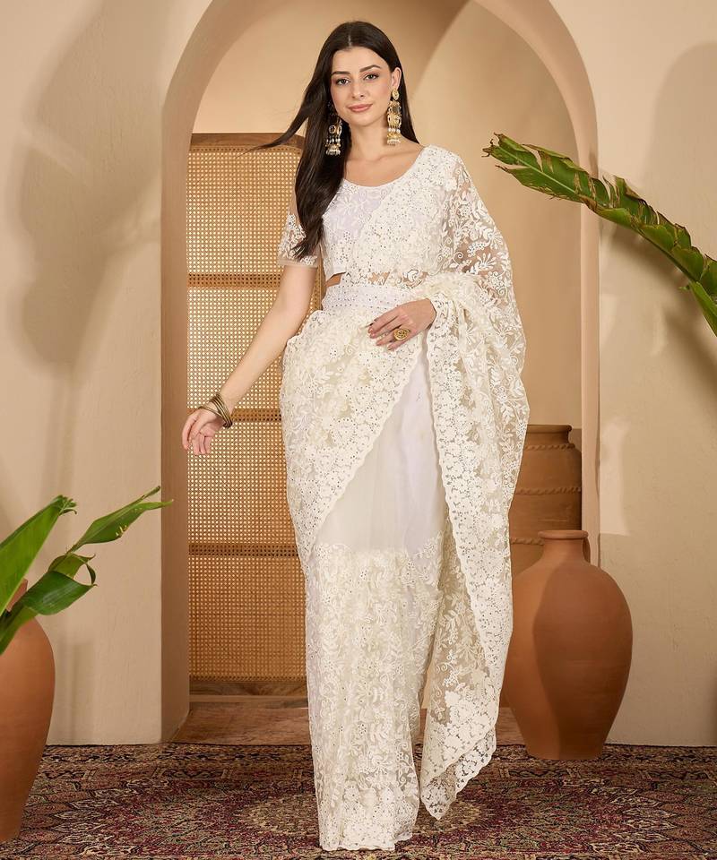 White net embroidered saree with thread work