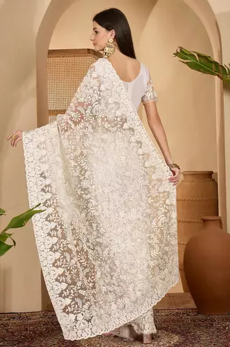 White net embroidered saree with thread work