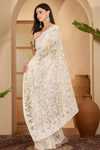 White net embroidered saree with thread work