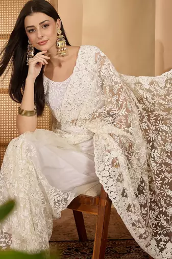 White net embroidered saree with thread work