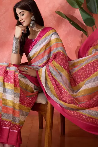 Multicolor chiffon printed saree with stripes print