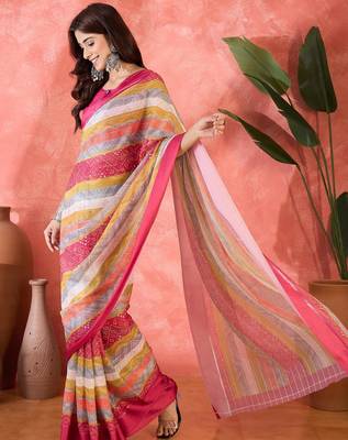 Multicolor chiffon printed saree with stripes print 1