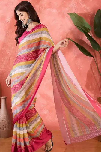 Multicolor chiffon printed saree with stripes print