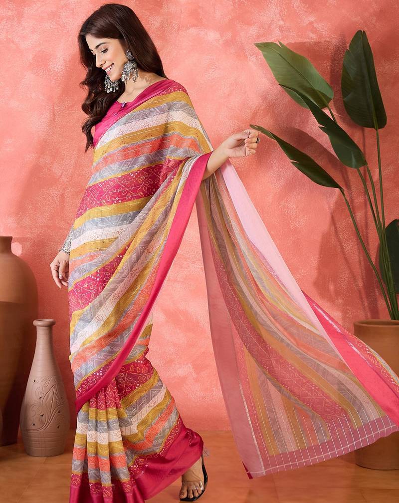 Multicolor chiffon printed saree with stripes print