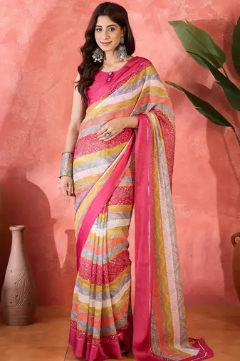 Multicolor chiffon printed saree with stripes print