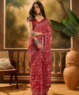 Red linen printed saree with floral print 1
