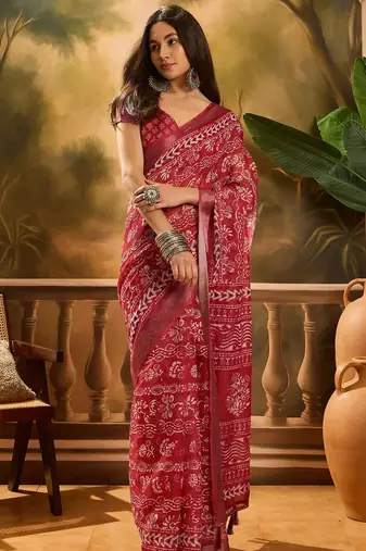Red linen printed saree with floral print