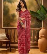 Red linen printed saree with floral print