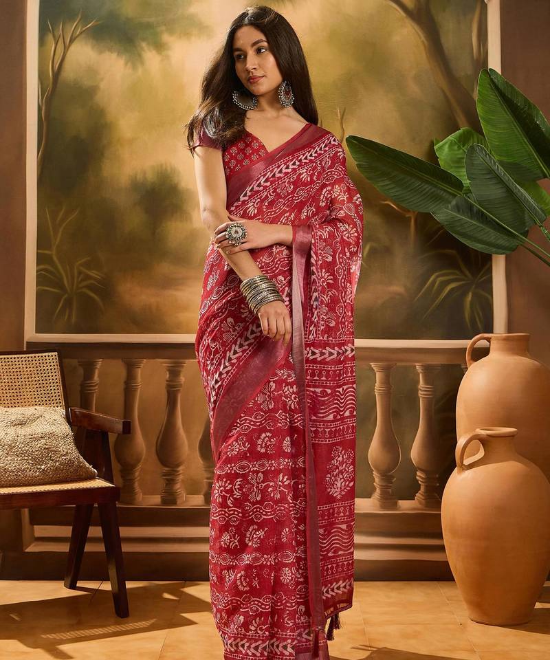 Red linen printed saree with floral print