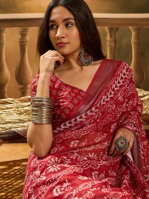 Red linen printed saree with floral print 2