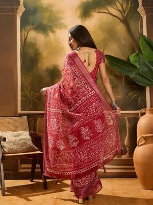 Red linen printed saree with floral print 3