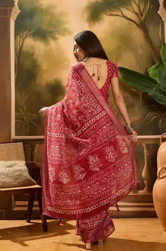 Red linen printed saree with floral print