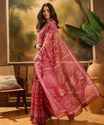 Red linen printed saree with floral print 4