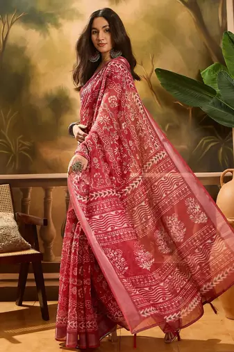 Red linen printed saree with floral print