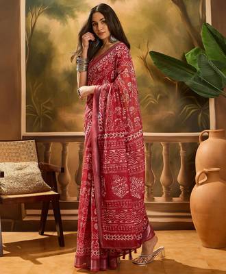 Red linen printed saree with floral print 5