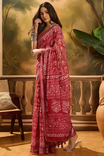 Red linen printed saree with floral print