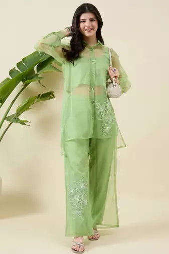 Women printed top & palazzos with shirt co-ords