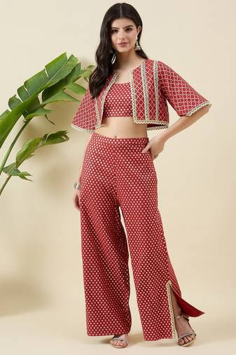 Women zari round neck crop-top & jacket with palazzos co-ords