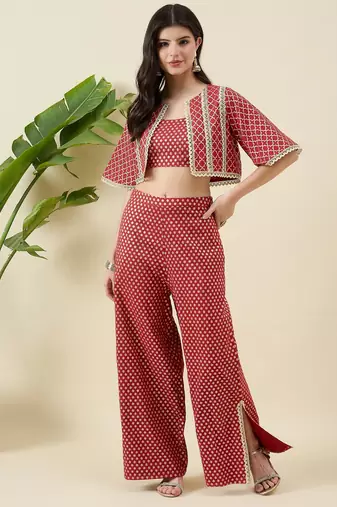 Women zari round neck crop-top & jacket with palazzos co-ords