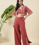 Women zari round neck crop-top & jacket with palazzos co-ords