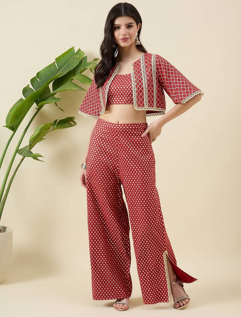 Women zari round neck crop-top & jacket with palazzos co-ords