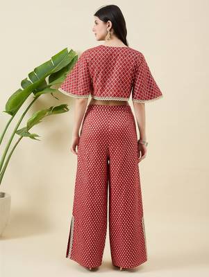 Women zari round neck crop-top & jacket with palazzos co-ords 2