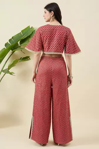 Women zari round neck crop-top & jacket with palazzos co-ords