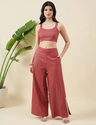 Women zari round neck crop-top & jacket with palazzos co-ords 3