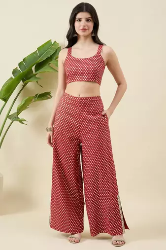 Women zari round neck crop-top & jacket with palazzos co-ords