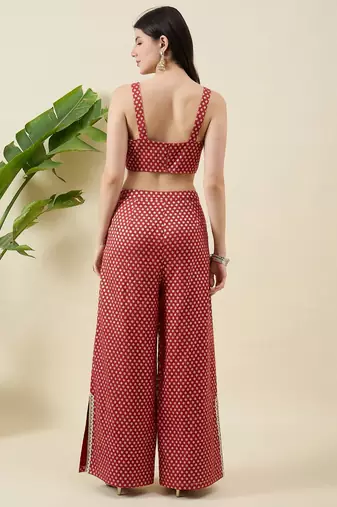 Women zari round neck crop-top & jacket with palazzos co-ords