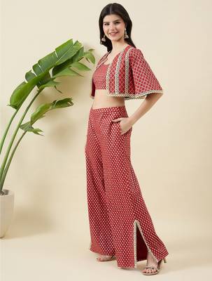 Women zari round neck crop-top & jacket with palazzos co-ords 5