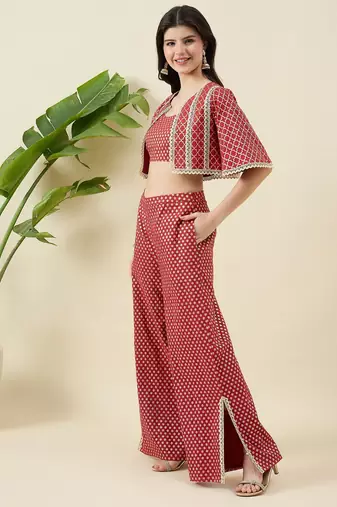 Women zari round neck crop-top & jacket with palazzos co-ords