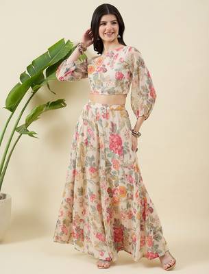 Floral printed balloon sleeve one shoulder top & palazzos 1