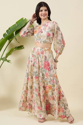 Floral printed balloon sleeve one shoulder top & palazzos
