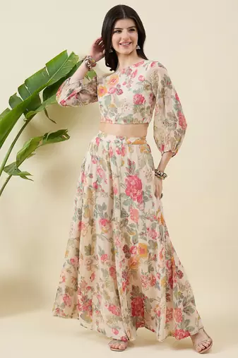 Floral printed balloon sleeve one shoulder top & palazzos