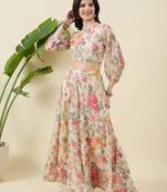 Floral printed balloon sleeve one shoulder top & palazzos