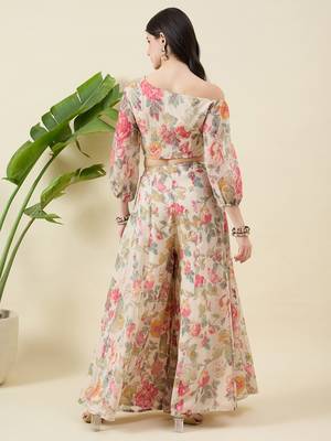 Floral printed balloon sleeve one shoulder top & palazzos 2
