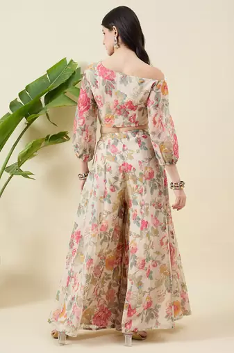 Floral printed balloon sleeve one shoulder top & palazzos