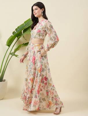 Floral printed balloon sleeve one shoulder top & palazzos 3