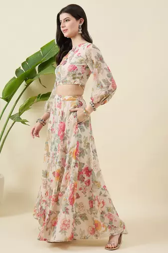 Floral printed balloon sleeve one shoulder top & palazzos