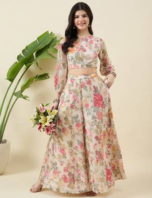 Floral printed balloon sleeve one shoulder top & palazzos 4