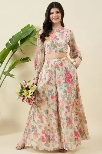 Floral printed balloon sleeve one shoulder top & palazzos