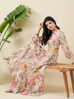 Floral printed balloon sleeve one shoulder top & palazzos 5