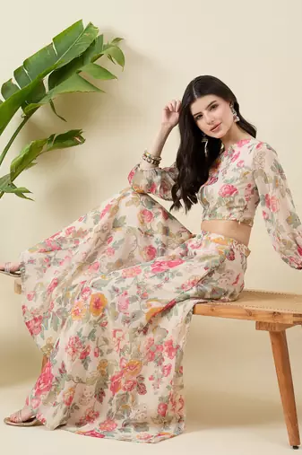 Floral printed balloon sleeve one shoulder top & palazzos