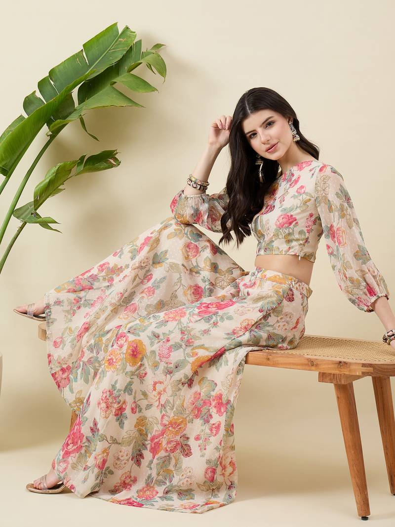 Floral printed balloon sleeve one shoulder top & palazzos
