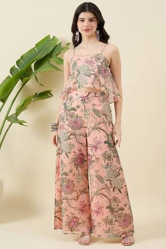 Women floral printed sleevless top with palazzo co-ords